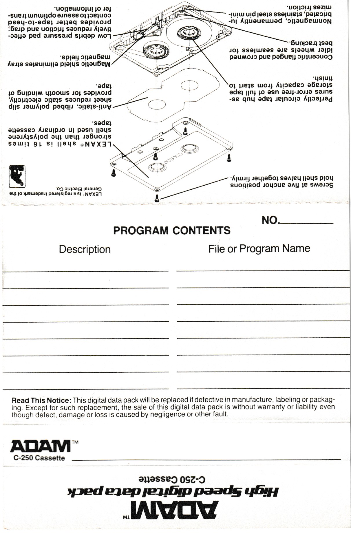 Coleco ADAM Blank Jcard (Back)